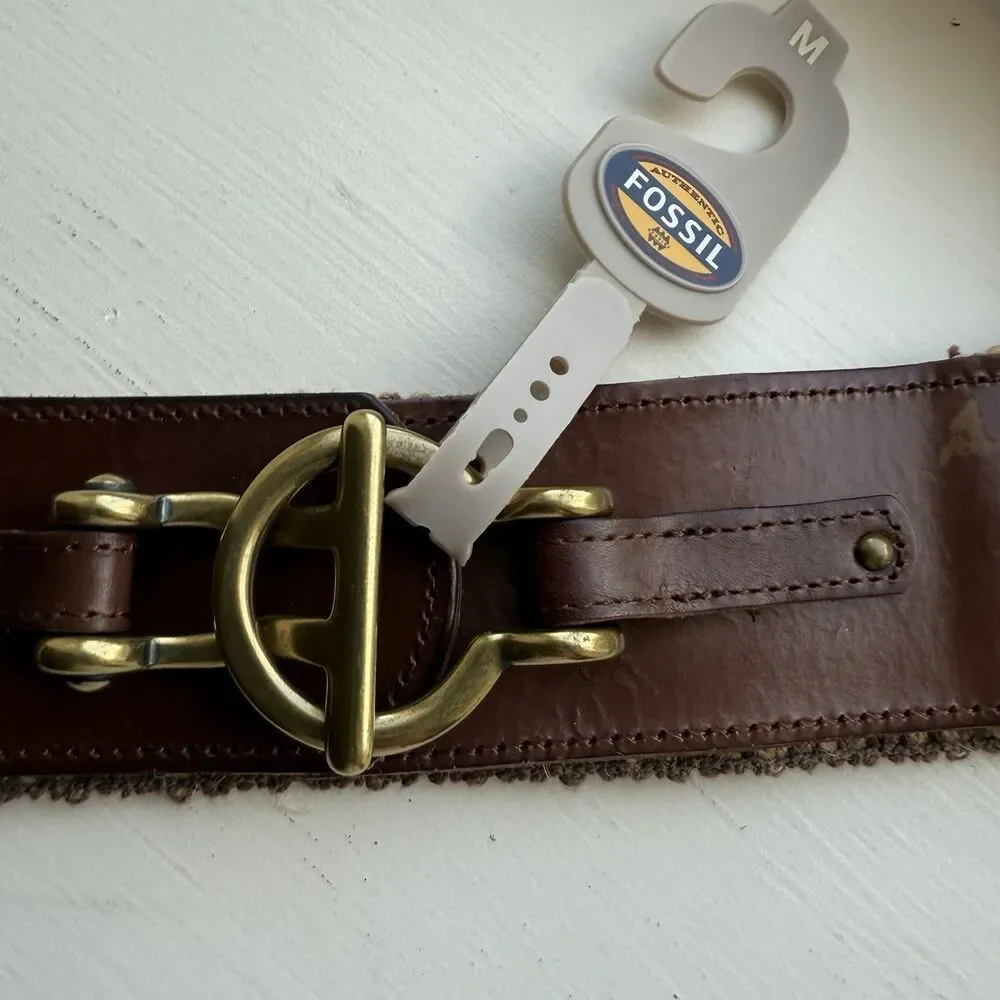 Fossil Macrame & Leather Belt/Stretch Brass Bit and Ring Gold Hardware Sz M New